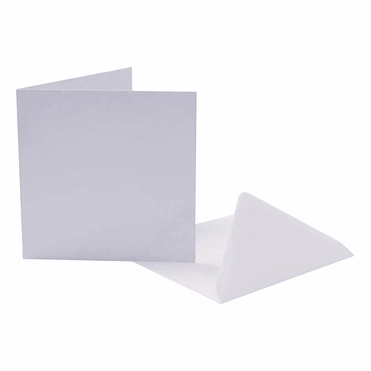 145mm square white cards and 6" x 6" white envelopes