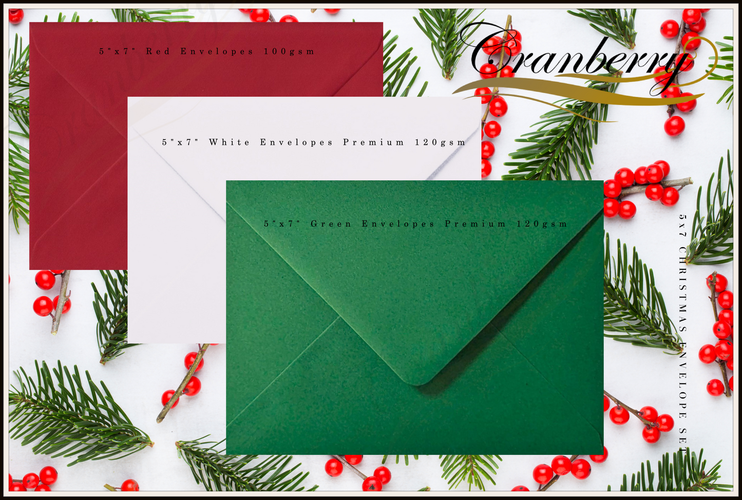 5" x 7" Envelopes, 30 Pack - 10 Red, 10 Green, 10 White, 133mm x 184mm Gummed. Perfect for Christmas Cards. Pack of Coloured Envelopes