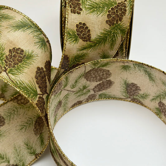 Christmas Ribbon Pine Cones with Gold Glitter Wire Edge 63mm Natural Jute.