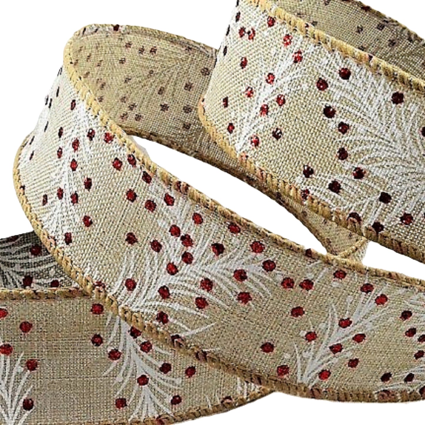 Christmas Ribbon Printed with Red Glitter Berries and White Spruce Natural Jute Wire Edged 63mm Width