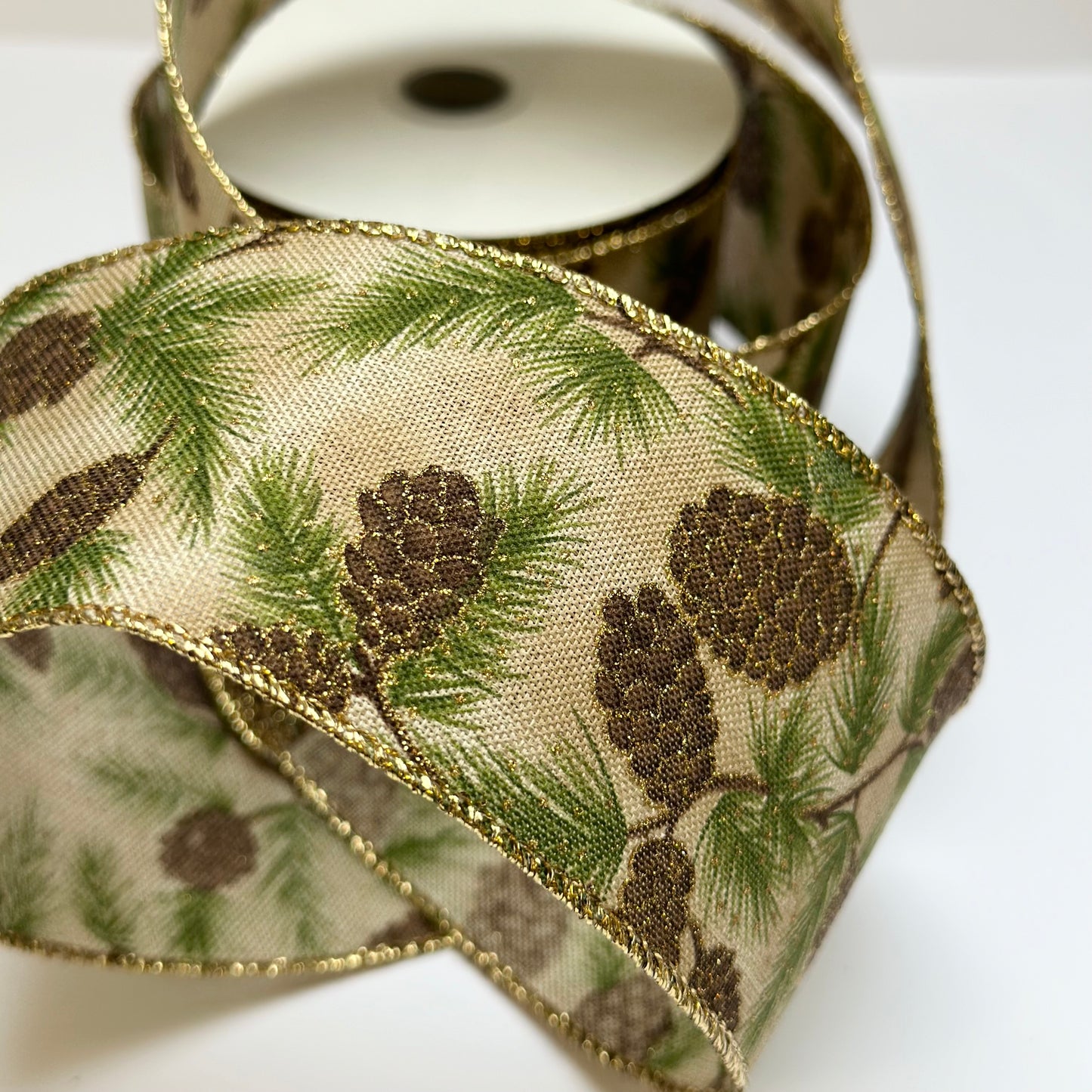 Christmas Ribbon Pine Cones with Gold Glitter Wire Edge 63mm Natural Jute.