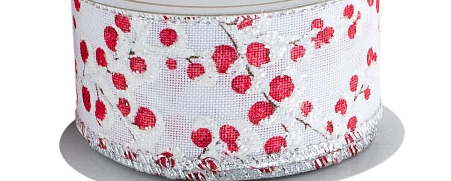 Glitter Berries White Ribbon 38mm and 63mm Width