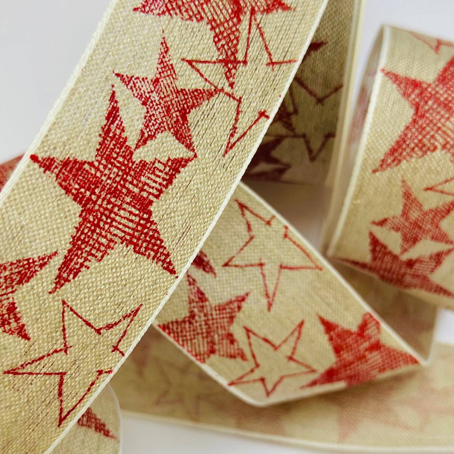Natural Christmas Ribbon Printed with Red Star Pattern