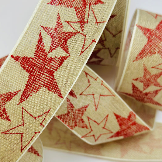 Natural Christmas Ribbon Printed with Red Star Pattern
