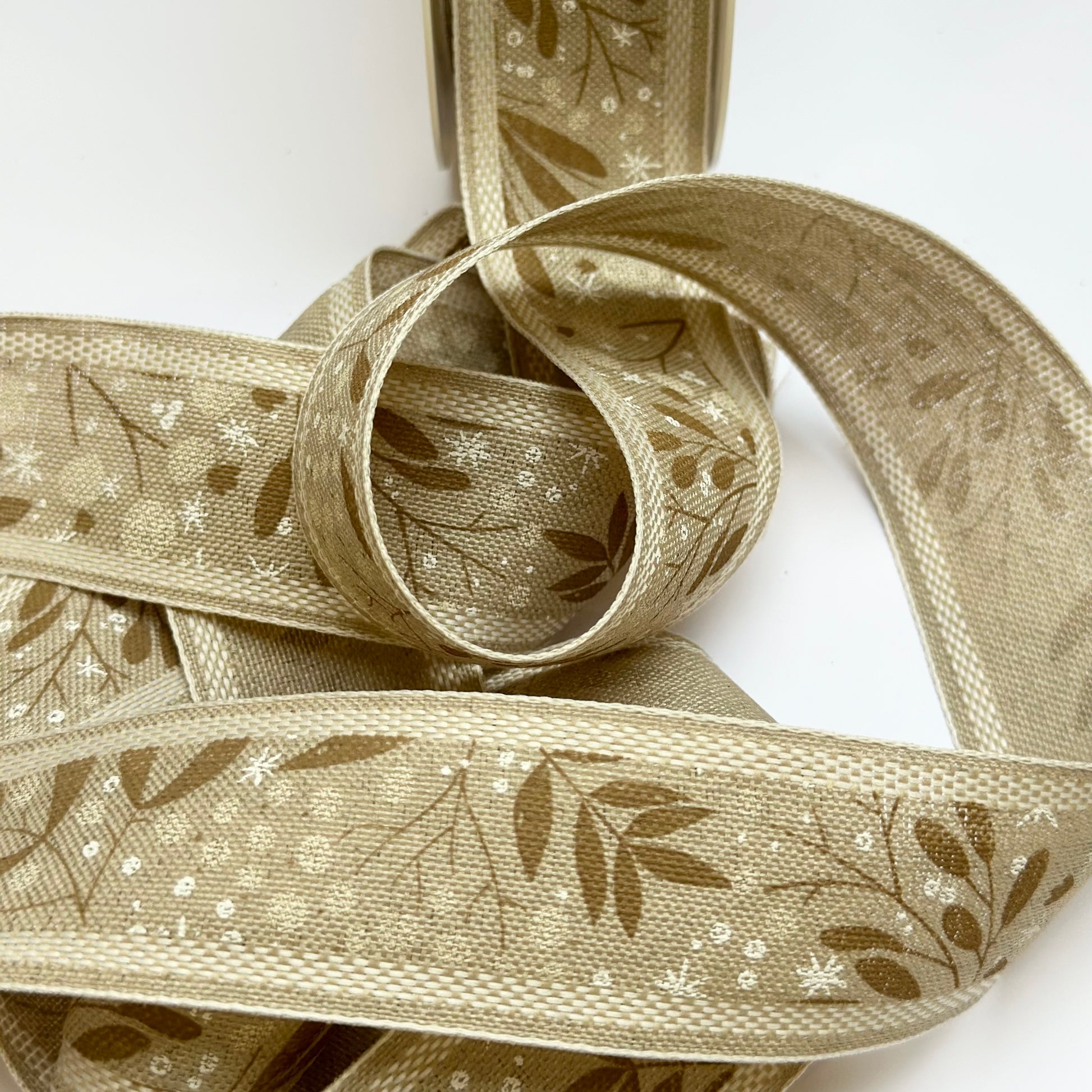Natural Linen Christmas Ribbon Printed with Mistletoe Design