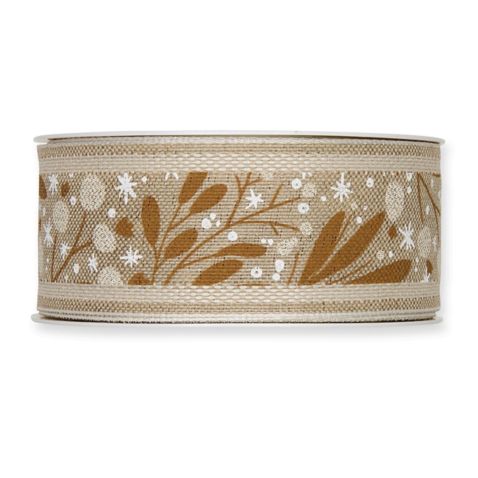 Natural Linen Christmas Ribbon Printed with Mistletoe Design 40mm Width