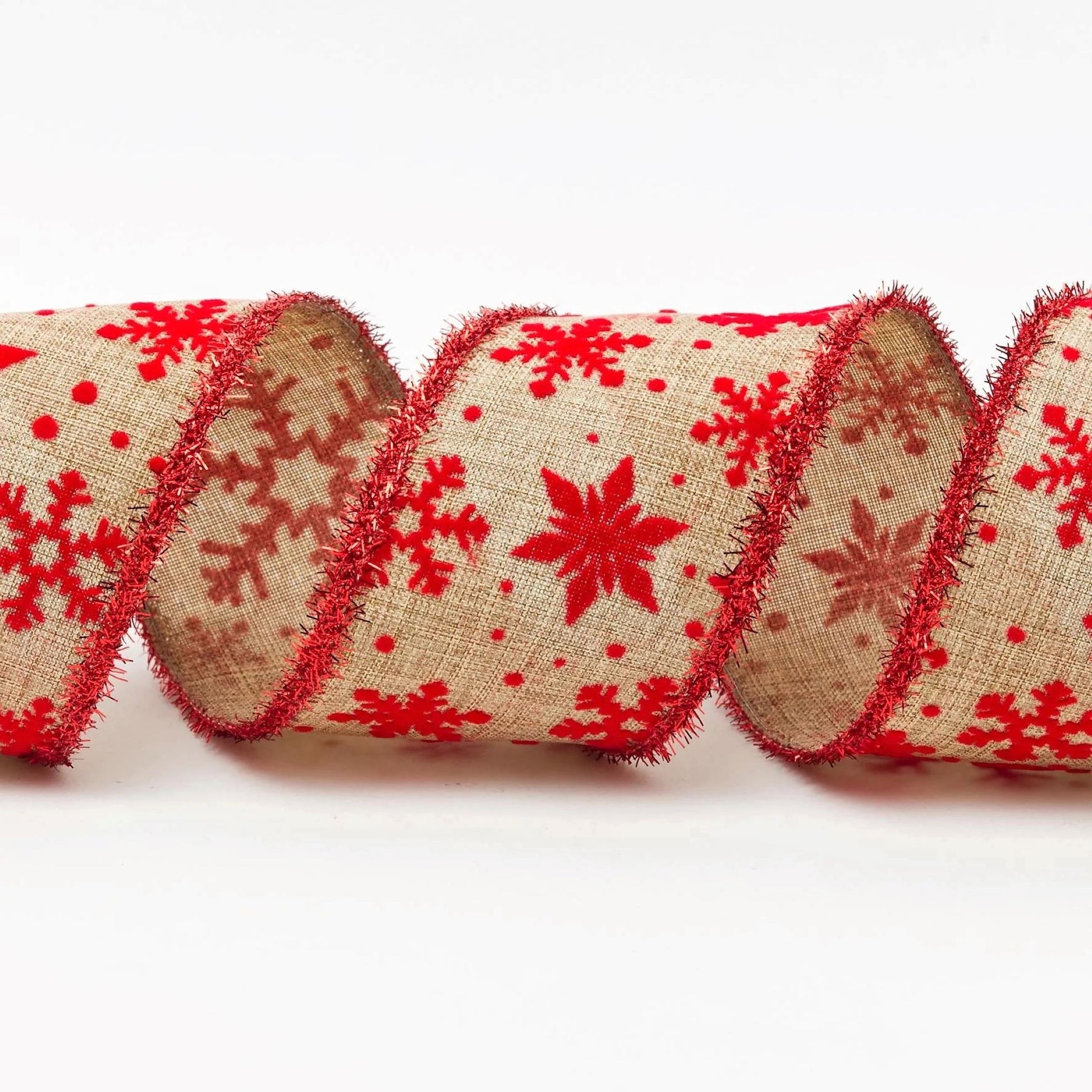 Tinsel Edge 63mm Red Snowflake Velveteen Design Christmas Natural Ribbon