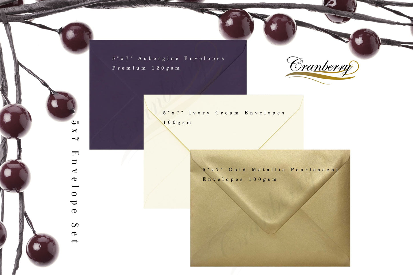 5" x 7" Envelopes. 30 Pack - 10 Aubergine, 10 Ivory Cream,10 Gold. 133mm x 184mm Gummed. Perfect for Christmas Cards. Pack of Coloured Envelopes