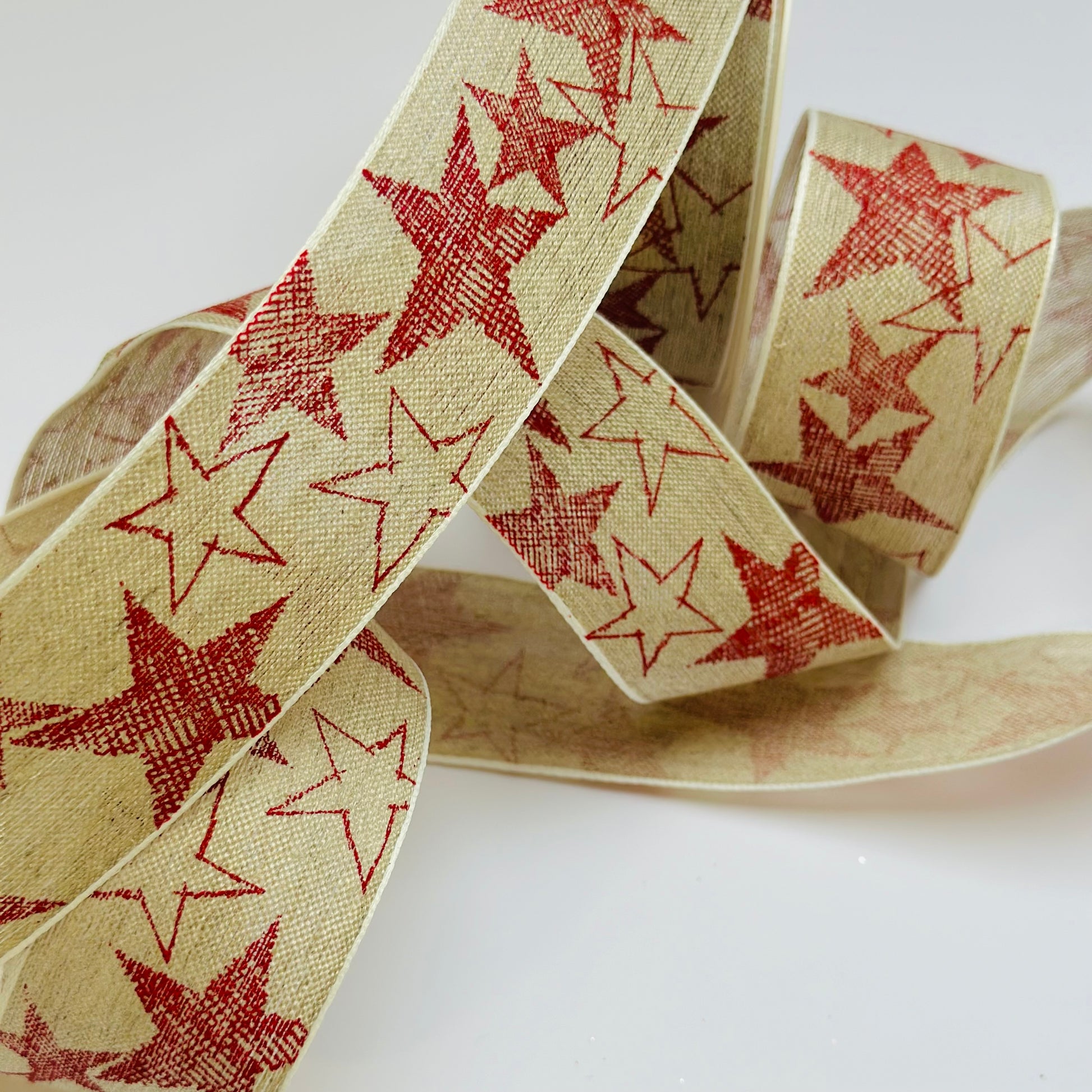 Christmas Linene Ribbon with Red Stars