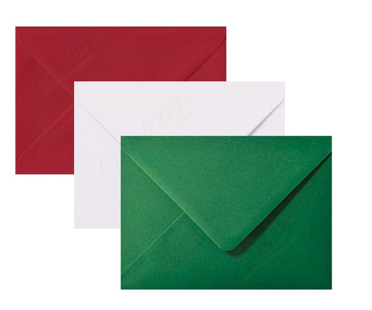 5" x 7" Envelopes, 30 Pack - 10 Red, 10 Green, 10 White, 133mm x 184mm Gummed. Perfect for Christmas Cards. Pack of Coloured Envelopes