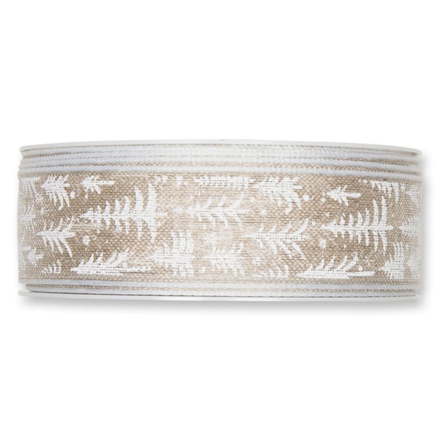 Natural Linen Christmas Ribbon Printed with White Christmas Fir Trees Pattern 25mm Width.