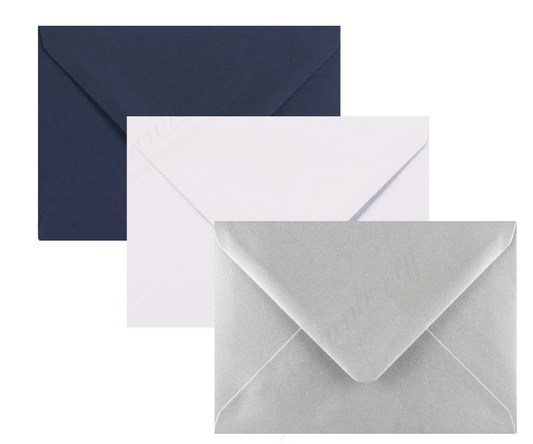 5" x 7" Envelopes. 30 Pack - 10 Navy Blue, 10 Silver,10 White. 133mm x 184mm Gummed. Perfect for Christmas Cards. Pack of Coloured Envelopes