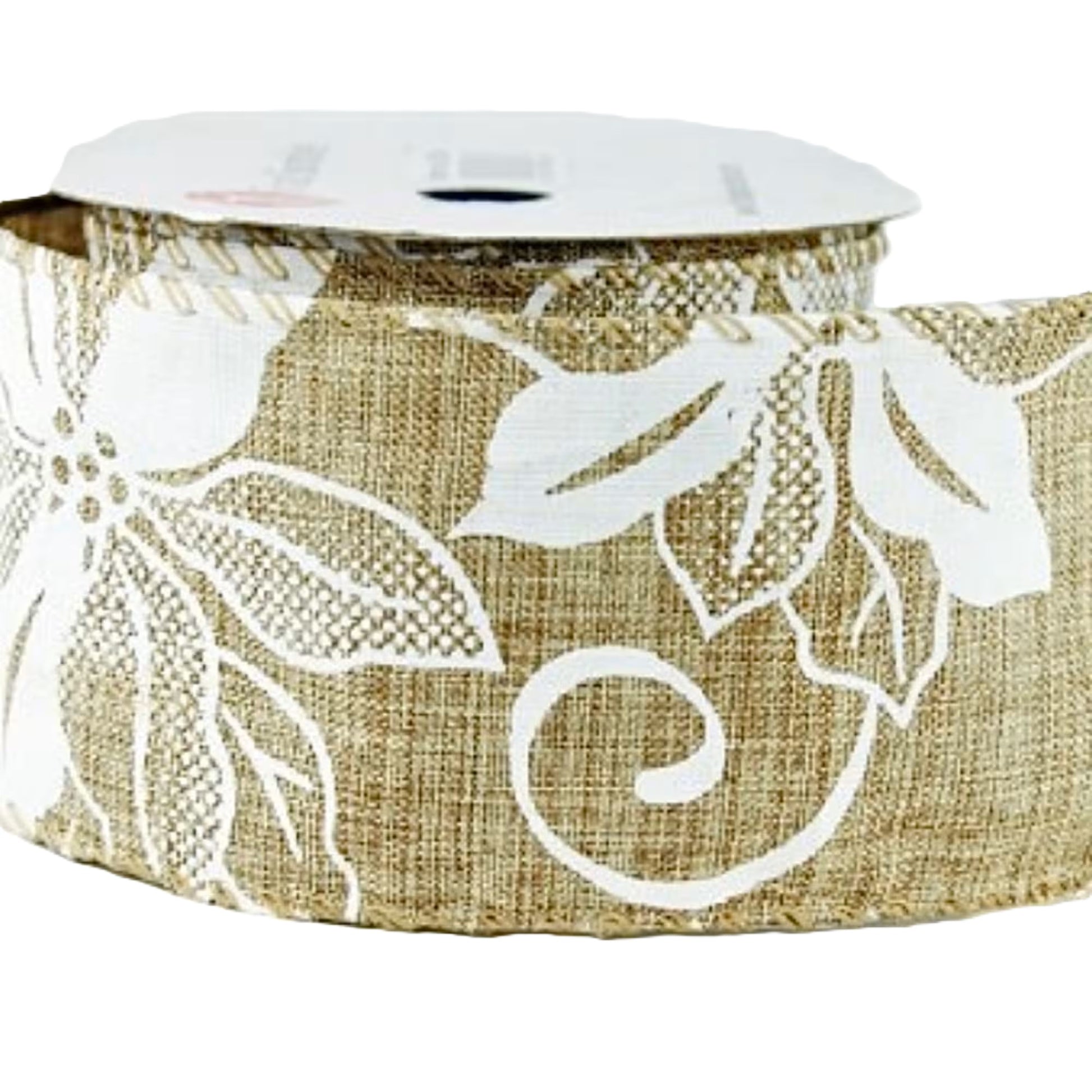 63mm Wired Edged Poinsettia Printed Natural Ribbon