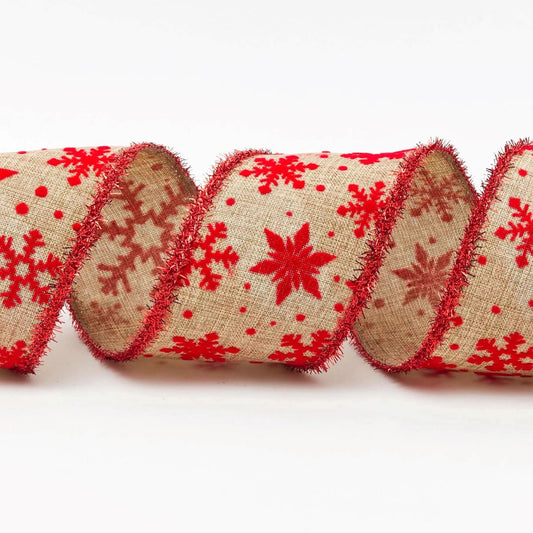 Tinsel Edge 63mm Red Snowflake Velveteen Design Christmas Natural Ribbon